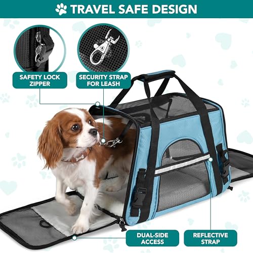 PetAmi Airline Approved Pet Carrier for Cats & Small Dogs, Soft Sided TSA Travel Carrier Bag with Sherpa Bed, Breathable Mesh Ventilation, Collapsible Bowl, Fits Under Seat, Up to 18 lbs, Large Blue - color: Light Blue, size: Large - 19.5"L x 10.2"W x 12"
