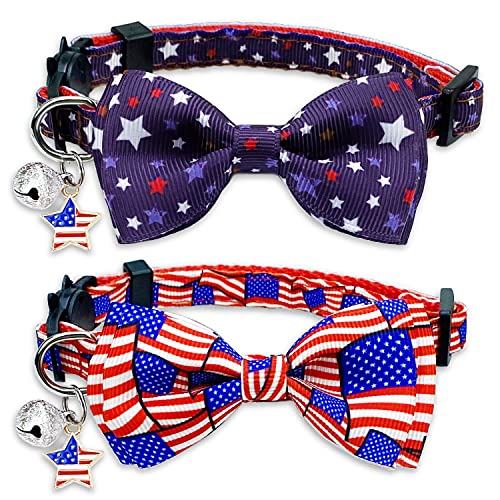 4th of July Cat Bow Tie Collar with Bell, Independence American Holiday Kitty Kitten Patriotic USA Flag Collars for Boys Girls Male Female Cats - color: Pattern 2