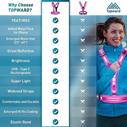Topward LED Reflective Vest Running Gear, USB-C Rechargeable, Light Up Lights for Night Dog Walking Cycling, Running Phone Holder Vest for Runners, High Visibility with Adjustable Waist/Shoulder - color: pink