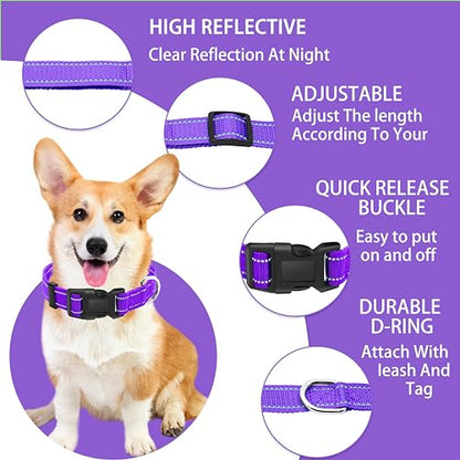 Reflective Dog Collar with Safety Locking Buckle, Adjustable Soft Breathable Nylon Collars for Small, Medium and Large Dogs(Collar+Leash XS Width 5/8" Purple) - color: Purple, size: X-Small (Width 5/8")