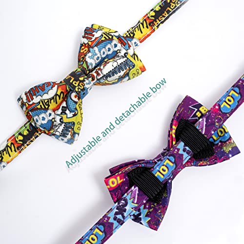 Faygarsle 2 Pack Cotton Designer Breakaway Cats Collar with Bow Tie and Bell Graffiti Style Cat Collars for Girl Female Boy Male Cat Collar with Bell Collars for Cats Purple Yellow - color: Purple&Yellow