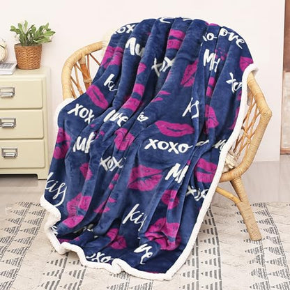 Catalonia Lips Print Sherpa Fleece Throw Blanket, Soft Mink Plush Couch Blanket, Fuzzy Fluffy Comfy Warm Throws, Comfort Caring Gift, 50x60 inches - color: Kiss Blue, size: 50"x60"