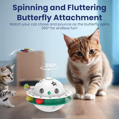 PAWSPIK Triple Chase 4-in-1 Interactive Cat Toy – Tumbling, Butterfly, Feather & Catnip Ball Play – Motion Activated, USB or Battery Powered
