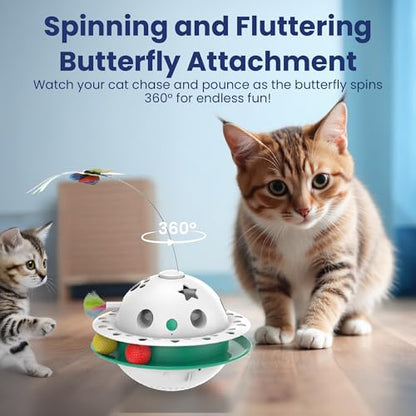 PAWSPIK Triple Chase 4-in-1 Interactive Cat Toy – Tumbling, Butterfly, Feather & Catnip Ball Play – Motion Activated, USB or Battery Powered