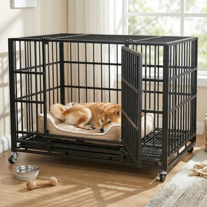 VOWNER 38 inch Heavy Duty Indestructible Dog Crate, Escape-Proof Dog Crate Cage Kennel with 4 Lockable Wheels, High Anxiety Dog Crate with Double Door and Removable Tray Design, for Large Dogs - size: 38.2"L x 24.9"W x 29.1"H