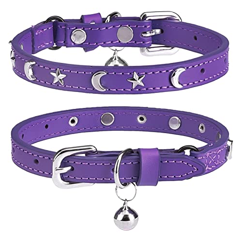 Leather Cat Collars for Boy Girl Cats with Bell and Safety Elastic Belt, Personalized Star and Moon Stud Adjustable Safe Buckle Collar for Kitty Small Big Cats Size 7-9 Inch, Purple - color: Purple_Star & Moon, size: 7"-9" For Cats(Pack of 1)