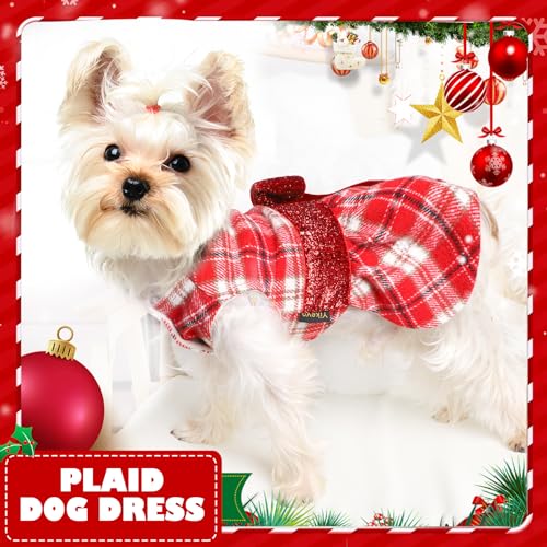 Dog Sweater Dress,Red Plaid Dog Dress Winter Clothes for Small Dogs Girl Fancy Sequin Puppy Fleece Lining Sweater Pet Coat Cat Apparel, XXS - color: Plaid Red, size: XX-Small (Chest 11.8 in)