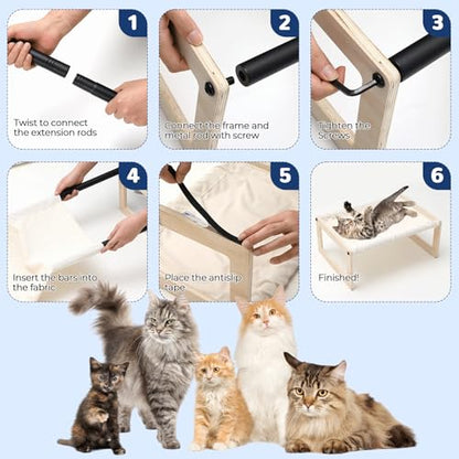 Cat Bed with Washable Pad - 9.5" Elevated Wooden Cat Hammock Bed, 360° View Design, Cot with Breathable Summer Mattress for Kitty, Puppy, Rabbit and All Pets - color: Cream Color (Thin)