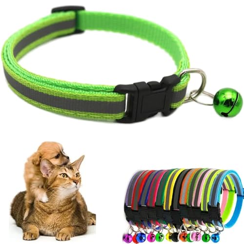 Green Cat Collar with Bell, Reflective Small Dog Collars Soft Adjustable Buckle for XS XSmall Extra Small Puppies Female Male Tiny Pets Kitten Boy Girl Yorkie Teacup Chihuahua S - color: Light Green, size: S(Neck 11"-15")