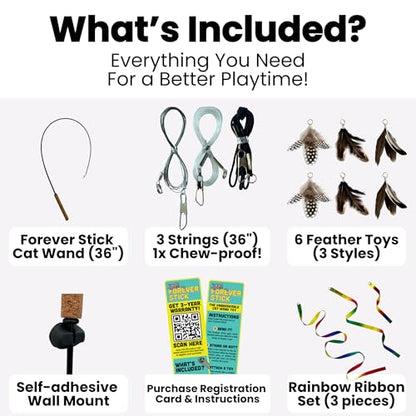 Forever Stick with Cat Toys and Strings Bundle - The Unbreakable Cat Wand Toy, Durable Cat Toy Wand, Extra Long Cat String Toy, Cat Fishing Pole Toy for Bored Indoor Adult Cats, Cat Stick Toy - size: Forever Stick and Extra Toys and Strings