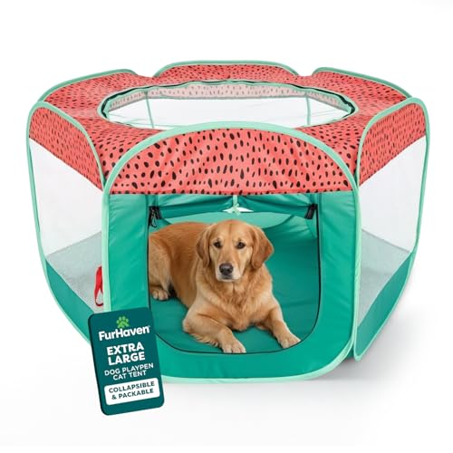 FurHaven Portable Pet Playpen for Dogs & Cats, Foldable, Indoor Kitten Playpen with Mesh Sides, Foldable, Pop Up Travel Dog Pen, X-Large, Green & Pink - color: Green & Pink, size: Extra Large