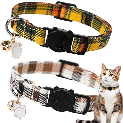 Unique style paws 2 Pack Kitten Collar Breakaway with Bell & Pendant, Adjustable Safety Cat Cotton Collars for Girl Boy Cats and Small Pets - color: brown yellow grid