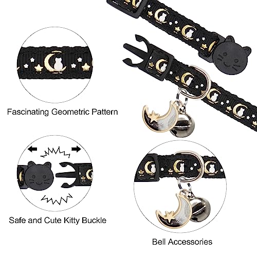2 Pack Breakaway Cat Collar with Bells, Adjustable Moon and Star Kitten Safety Collars for Boys & Girls, Black+Hotpink - color: Black+Hotpink