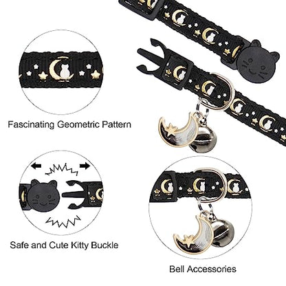 2 Pack Breakaway Cat Collar with Bells, Adjustable Moon and Star Kitten Safety Collars for Boys & Girls, Black+Hotpink - color: Black+Hotpink