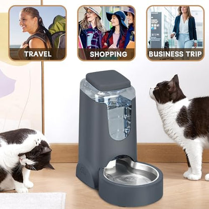 Automatic Cat Feeder and Water Dispenser with Stainless Steel Bowl Dog Gravity Food Feeder and Waterer for Small Medium Pets Puppy Kitten 1 Gallon x 2 - color: Charcoal gray（3.8L*2）