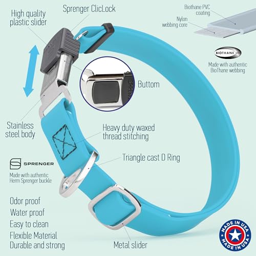 Biothane Waterproof Durable Dog Collar with Herm Sprenger - Quick Release ClicLock Buckle - Fits Medium and Large Dogs - Made in USA (Sky Blue, W 1" x L 15"-25") - color: Sky Blue, size: W 1" x L 15"-25"