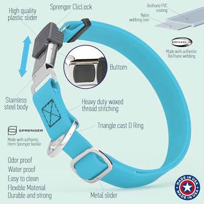 Biothane Waterproof Durable Dog Collar with Herm Sprenger - Quick Release ClicLock Buckle - Fits Medium and Large Dogs - Made in USA (Sky Blue, W 1" x L 15"-25") - color: Sky Blue, size: W 1" x L 15"-25"