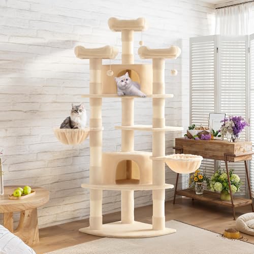 SHA CERLIN 73in Fan-Shaped Corner Cat Tower for Save Space/Multi-Level Tall Cat Tree for Indoor Kitties/Condo with Baskets/Cozy Perches/Sisal Scratching Posts/Pet Activity House/Beige - color: Beige