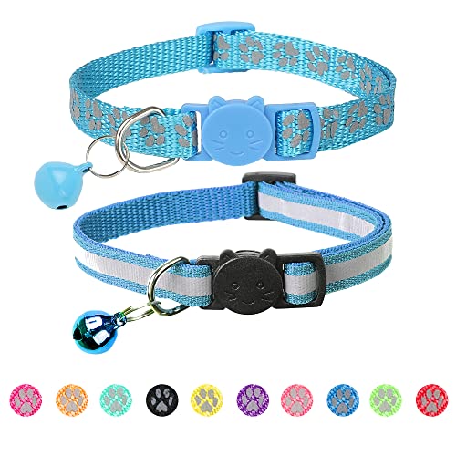 2 Pack Reflective Cat Collar Breakaway with Bell,Personalized Kitten Collars,Adjustable Safety Buckle Collar for Male Cats Girls & Boys (Sky Blue) - color: Sky Blue