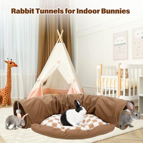 BWOGUE Bunny Tunnel Bed, 2-in-1 Collapsible Tunnel Tubes Toys with Removable Mat Hideout for Cats Kittens Rabbits Guinea Pigs Kitty (Coffee) - color: Coffee