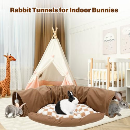 BWOGUE Bunny Tunnel Bed, 2-in-1 Collapsible Tunnel Tubes Toys with Removable Mat Hideout for Cats Kittens Rabbits Guinea Pigs Kitty (Coffee) - color: Coffee