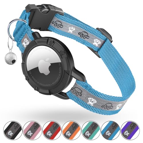 Reflective AirTag Cat Collar, Integrated Cat Tracker Collar with Air Tag Holder and Bell, Safety Elastic Band Cat GPS Collars for Girl Boy Cats, Kittens and Puppies (Blue, XS) - color: Blue, size: XS(7"-9")