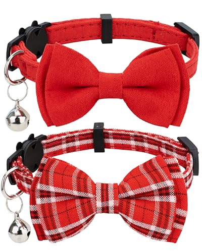 Cat Collar Breakaway Bowtie Safety with Bell Adjustbale Kitten Puppy Solid Plaid Color Set J-[2pcs] Red - color: J-[2pcs] Red