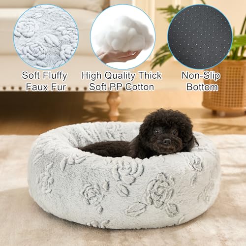 Dog Calming Beds for Small Medium Large Dogs - Round Donut Washable Puppy Dog Bed, Anti-Slip Faux Fur Fluffy Donut Cuddle Anxiety Cat Pet Bed (28" Rose) - color: Rose, size: 28"L x 28"W x 8"Th