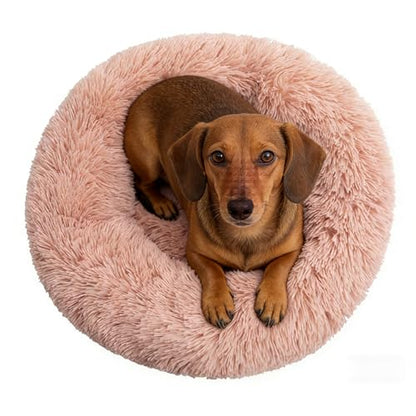 Calming Donut Dog Beds for Small Dogs Cats - Washable Removable Cover Non-Slip Bottom, Round Pet Bed Puppy Bed Warming Fluffy Faux Fur Anti-Anxiety, Fits up to 25 lbs (Blush, 23") - color: Blush, size: 23"L x 23"W x 8"Th