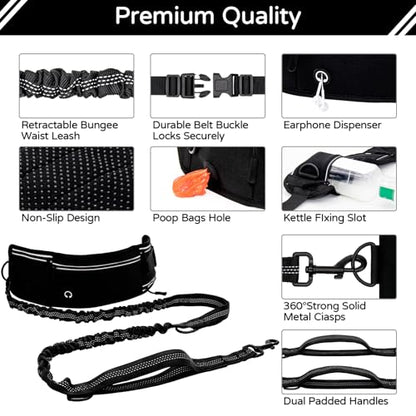 Skmeditec Hands Free Dog Leash with Waist Bag for Large Dog Walking, Shock Absorbing Bungee Leash with Zipper Pouch for Running, Dual Padded Handles & Adjustable Waist Belt - size: 1 Dog