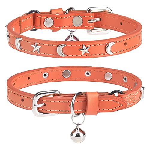 Leather Cat Collars for Boy Girl Cats with Bell and Safety Elastic Belt, Personalized Star and Moon Stud Adjustable Safe Buckle Collar for Kitty Small Big Cats Size 7-9 Inch, Orange - color: Orange_Star & Moon, size: 7"-9" For Cats(Pack of 1)