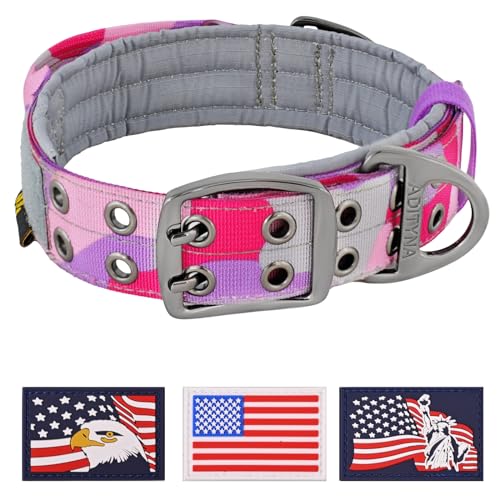 ADITYNA Heavy Duty Dog Collar for Medium Dogs - Camo Pink Purple Collar with Handle for Training, and Walking - Wide, Thick, Tactical, Soft Neoprene Padded - color: Camo Pink Purple, size: Medium: Fit 15-19" Neck