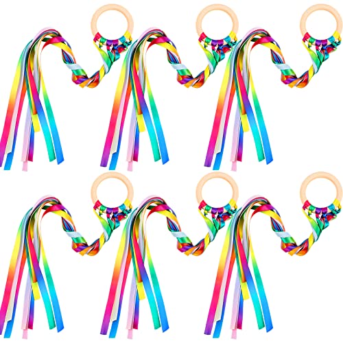 Sumind 6 Pcs Rainbow Ribbon Hand Kites Wands for Kids Dancer Streamer String Toy Thrown Waldorf Wand with Wooden Ring Wand Learning Educational(Warm Colors) - style: Warm Colors