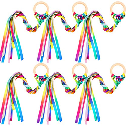 Sumind 6 Pcs Rainbow Ribbon Hand Kites Wands for Kids Dancer Streamer String Toy Thrown Waldorf Wand with Wooden Ring Wand Learning Educational(Warm Colors) - style: Warm Colors