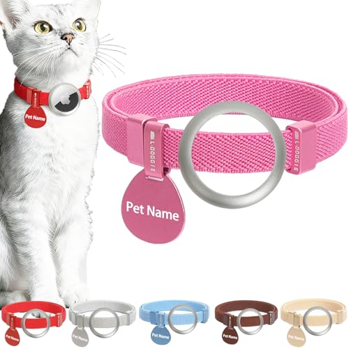 Minimalist Stretch Lightweight Custom Engraved Airtag Cat Collar with Apple Air Tag Holder and Name ID Tag Personalized Cat Collars for Kitten Boy & Girl Cats(Rose Red,with Apple Airtag Holder+ID Tag) - color: Rose Red, size: Collar With Apple Airtag Hold