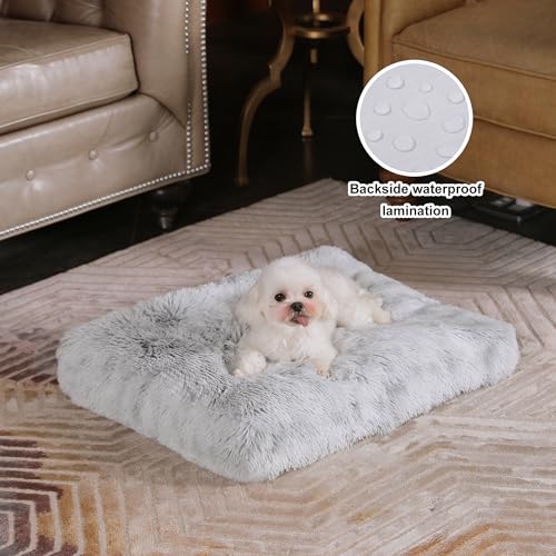 Bedfolks Waterproof Crate Bed, Plush Dog & Cat Bed with Removable Washable Cover, Faux Fur Kennel Pad, 21"x13", Grey - color: Grey, size: X-Small(21x13'')