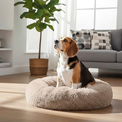 PetAmi Calming Dog Bed for Small Medium Dog Cat, Round Donut Dog Bed Washable, Fluffy Faux Fur Plush Cuddler Pet Kitten Cushion Bed, Anti-Slip, Fits up to 45 lbs, 30 inch, Taupe - color: Taupe, size: Medium - 30"