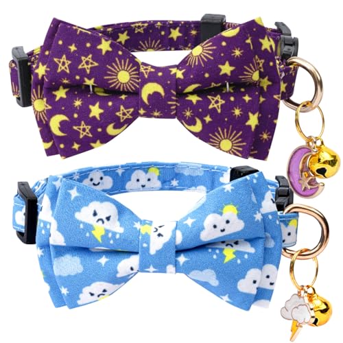 2 Pack Cotton Cat Collar with Bow Tie and Bell for Girl Boy Cats,Cute Pink Flamingo and Blue Whale Pattern Spring Summer Breakaway Cat Collar for Male Female Cats (Moon&Cloud) - color: Moon&Cloud
