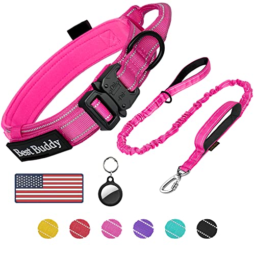 AUBELL Tactical Dog Collar and Leash Set, Reflective Adjustable Heavy Duty Military K9 Collars with Handle and Metal Buckle for Large Dogs, with Airtag Case and 2 Patches(Pink,L) - color: Pink Set, size: L(17"-20.5")