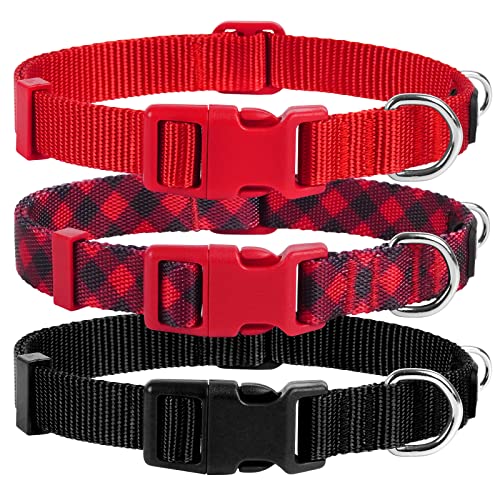 3 Pack Christmas Nylon Dog Collars Buffalo Check Durable and Comfortable Dog Collars with ID Tag Ring Adjustable for Medium Dogs, M (14-20inch) - color: 1# Christmas Buffalo, size: Medium(Neck: 14"-20")