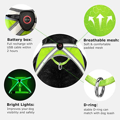 Light Up Dog Harness, High Visibility Led Dog Harness for Night Safety, USB Rechargeable Glowing Dog Harness for Night Walking, Flashing Dogs Harness for Small Medium Large Dogs (Green, S)