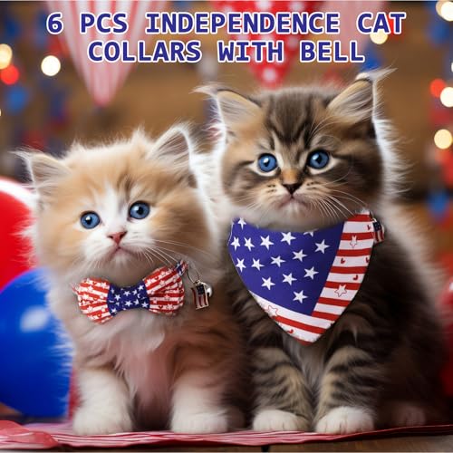 6PCS Independence Cat Collar with Bells Bandana and Bowtie, Breakaway Adjustable Cat Bow Tie Collars, Cute Bow Tie for Kittens Or Certain Puppies - color: Independence Day