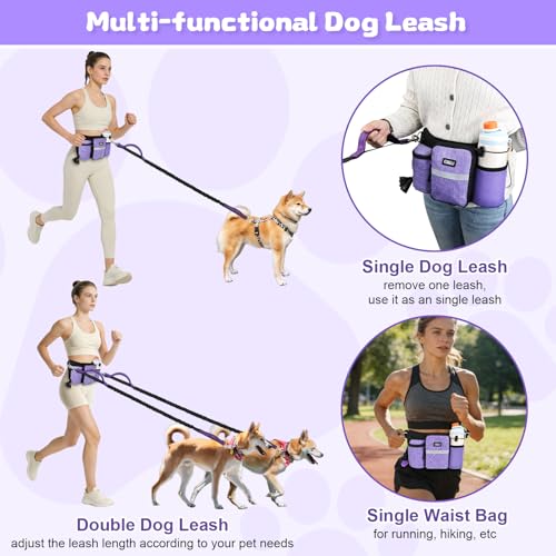 Heavy Duty Hands Free Dog Leash with Zipper Pouch Waist Belt for Large Medium Dogs for Running, Walking, Jogging and Hiking, Dual Padded Handles and Durable Bungee (1 Dog Purple) - color: 1 Dog Purple