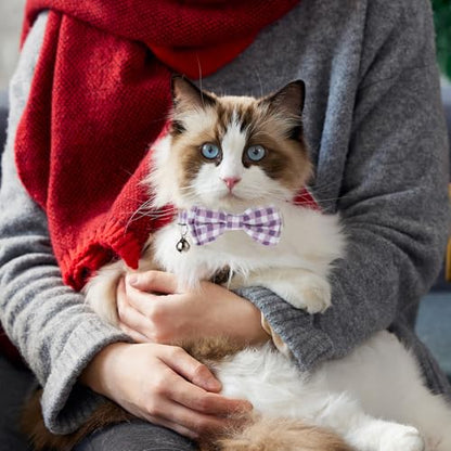 2 Pcs Kitten Collar with Bell Cute Cat Collar for Girl Cats Breakaway Bowtie Cat Collars Adjustable Small Puppy Safety Collar Solid Color Plaid Pet Collar (Purple) - color: purple