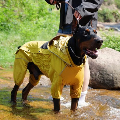 LOVELONGLONG Waterproof Dog Raincoat with Removable Hood – Outdoor Full Body Dog Jacket, Windproof Snowproof Shell Suit – All Season Pet Rain Gear Mustard Yellow XXS - color: Mustard Yellow, size: XXS (Back 9")