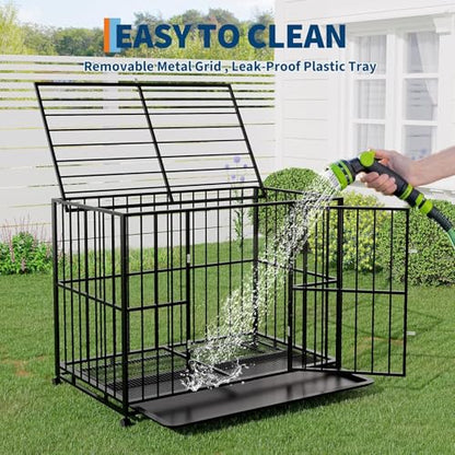 42 Inch Dog Crate for Medium Sized Dogs, Heavy Duty Stainless Steel Dog Kennel Indoor Escape Proof with Wheels and Removable Tray, Indestructible Dog Cage Stackable for Medium Small High Anxiety Dogs - size: 42 inch