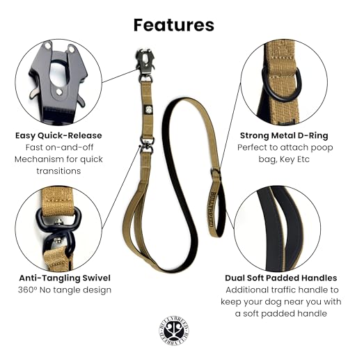 BULLYBREED | Heavy Duty Dog Leash, Tactical Dog Leash, Quick Release Frog Clip with Anti-Tangling Swivel System for Large Dogs that Pull with Soft Double Handles (5 FT Long, Military Tan) - color: Military Tan Double Handle