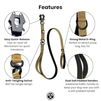 BULLYBREED | Heavy Duty Dog Leash, Tactical Dog Leash, Quick Release Frog Clip with Anti-Tangling Swivel System for Large Dogs that Pull with Soft Double Handles (5 FT Long, Military Tan) - color: Military Tan Double Handle