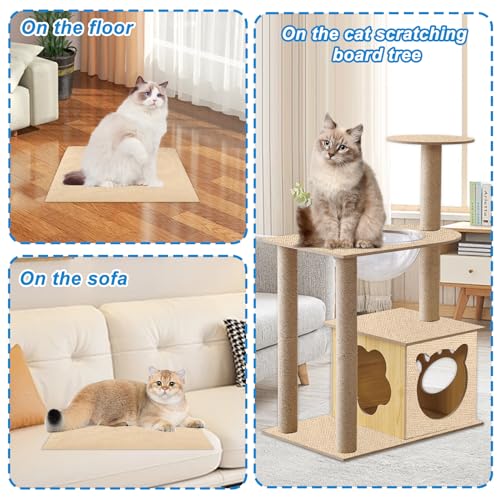 4 Pack Cat Scratch Mats 24”x16”, Self-Adhesive Trimmable Cat Scratching Post Carpet Cat Floor Scratching Pad Rug Cat Tree Replacement Parts Mat Cat Scratcher for Step Couch Furniture Protector(Beige)