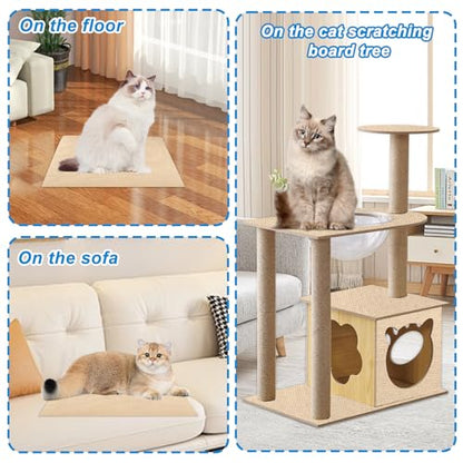 4 Pack Cat Scratch Mats 24”x16”, Self-Adhesive Trimmable Cat Scratching Post Carpet Cat Floor Scratching Pad Rug Cat Tree Replacement Parts Mat Cat Scratcher for Step Couch Furniture Protector(Beige)